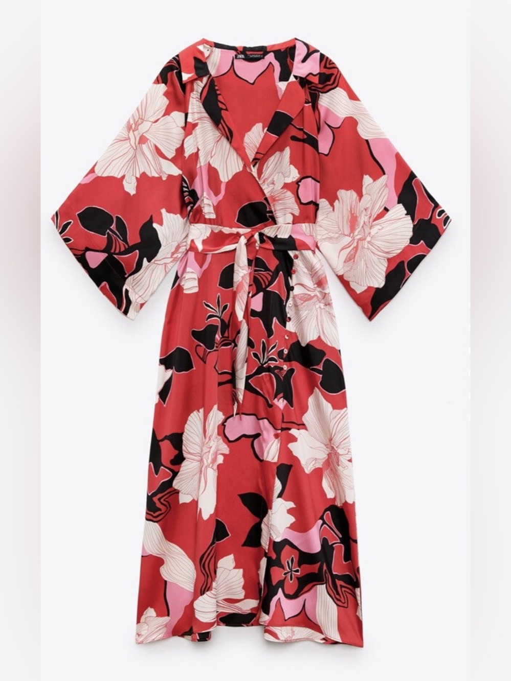 100% Polyester Zara Floral Botanical Kimono Wrap Midi Dress – Size Small